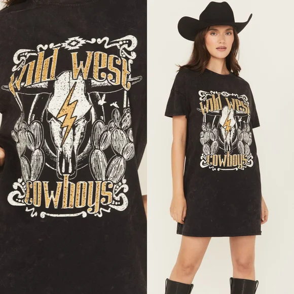 ↠ Boot Barn Rock & Roll Denim Vintage Black Wild West Graphic Mini Tee Dress - Picture 4 of 4